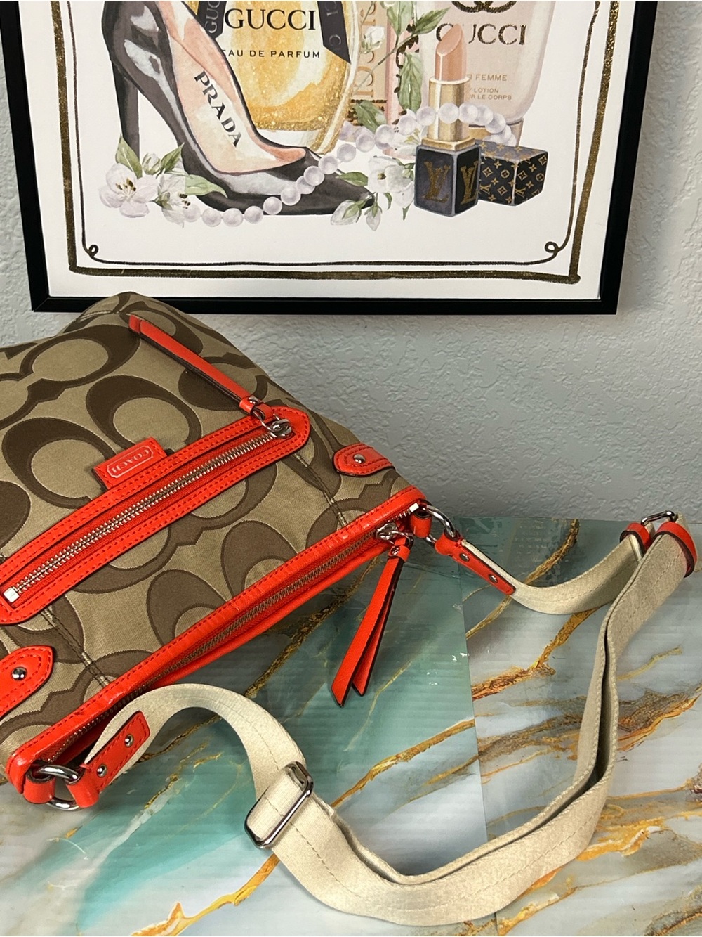 COACH 2013 Daisy Signature File Crossbody Bag in Khaki & Coral 😍🧡 - Picture 11 of 17